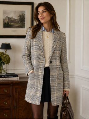 Philosophy Preppy Houndstooth Long Blazer Coat in Neutral Browns & Black, XS
